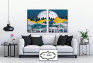 תמונה של נוף עם חיות מחולקת לשתיים