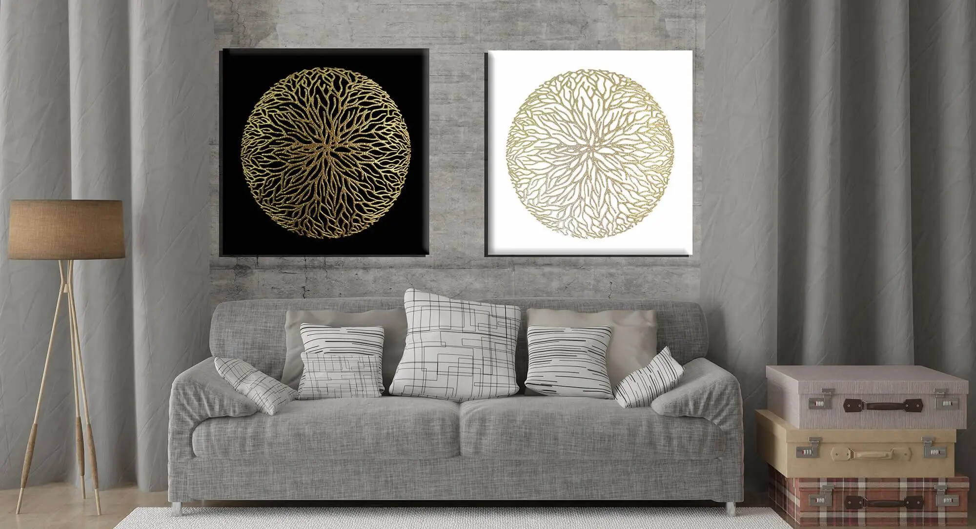 זוג תמונות אבסטרקט מנדלה שחור לבן זהב
