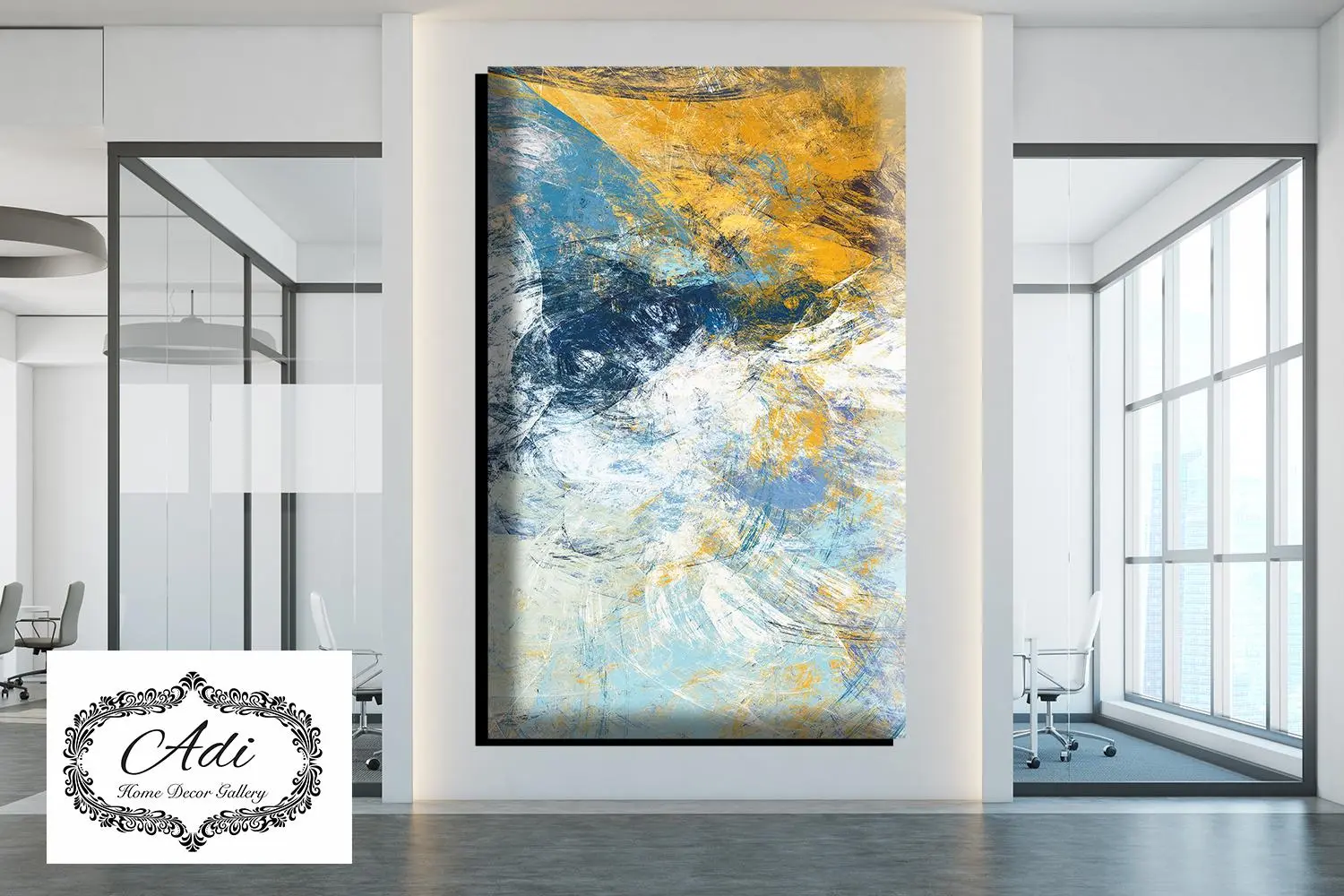 תמונת אבסטרקט בגוונים צהוב כתום טוריז תכלת לבן