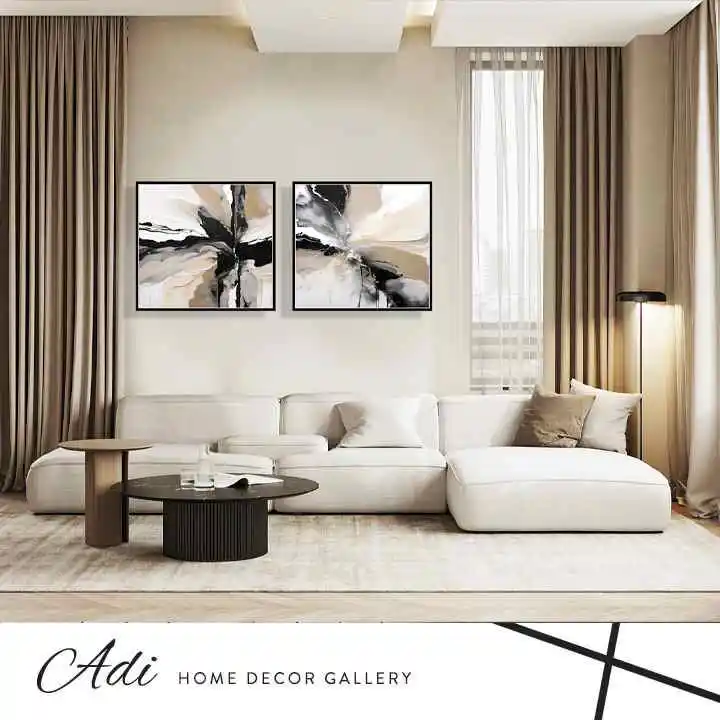 זוג תמונות אבסטרקט בגוונים שחור לבן שמנת חום מריחות צבע