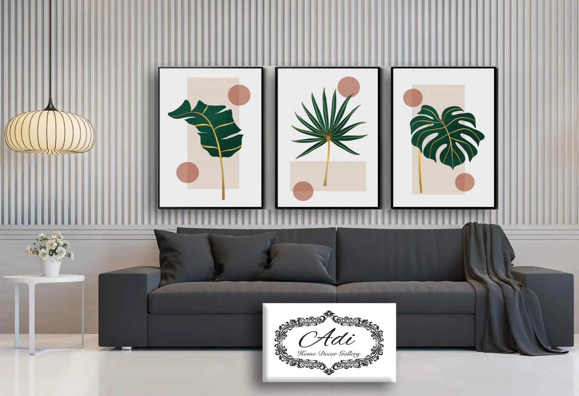 שלישית תמונות קנבס של ציור מינימליסטי עלים וצבע ירוק וזהב