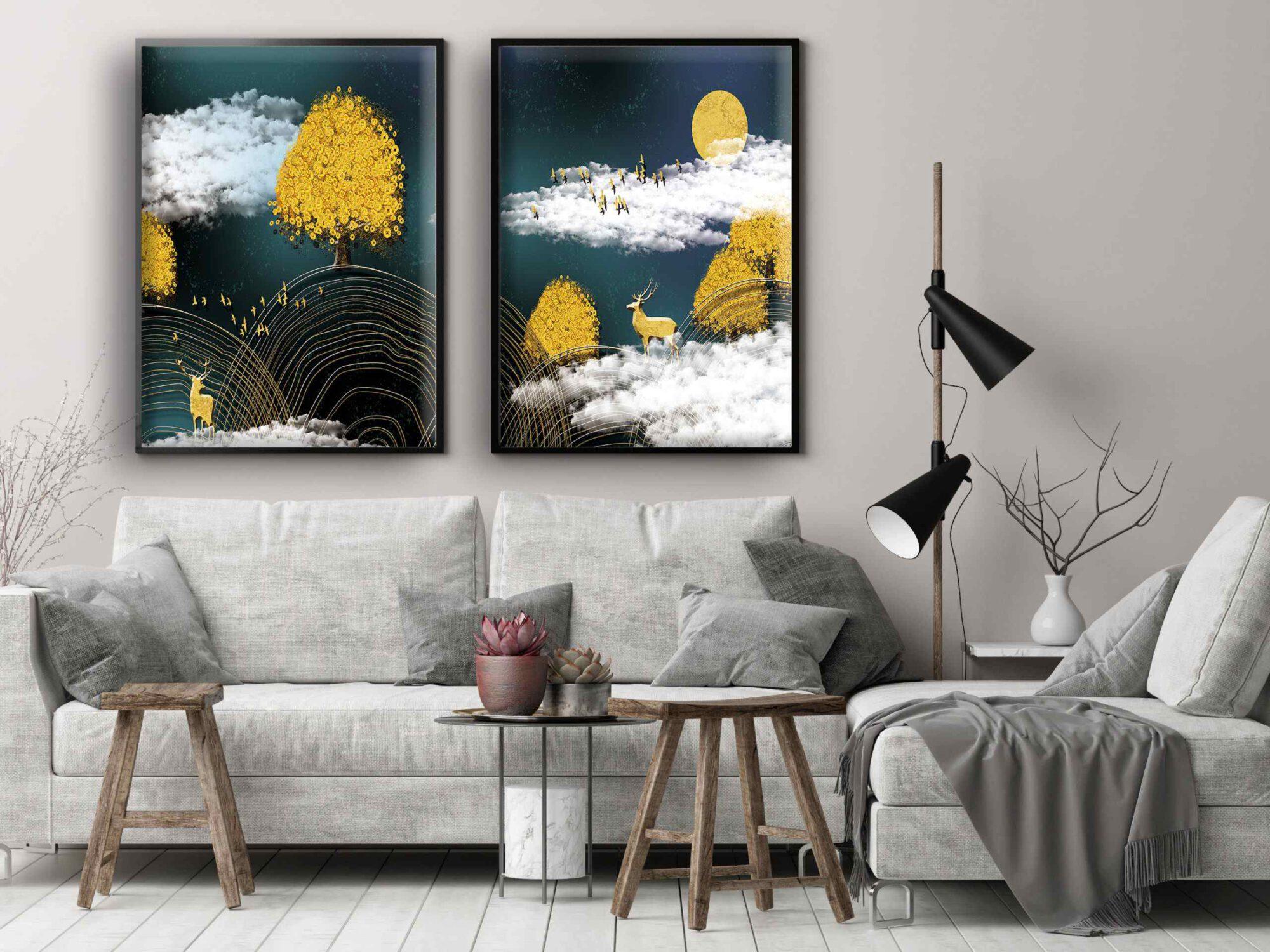 זוג תמונות אבסטרקט ואיילים בצבע זהב