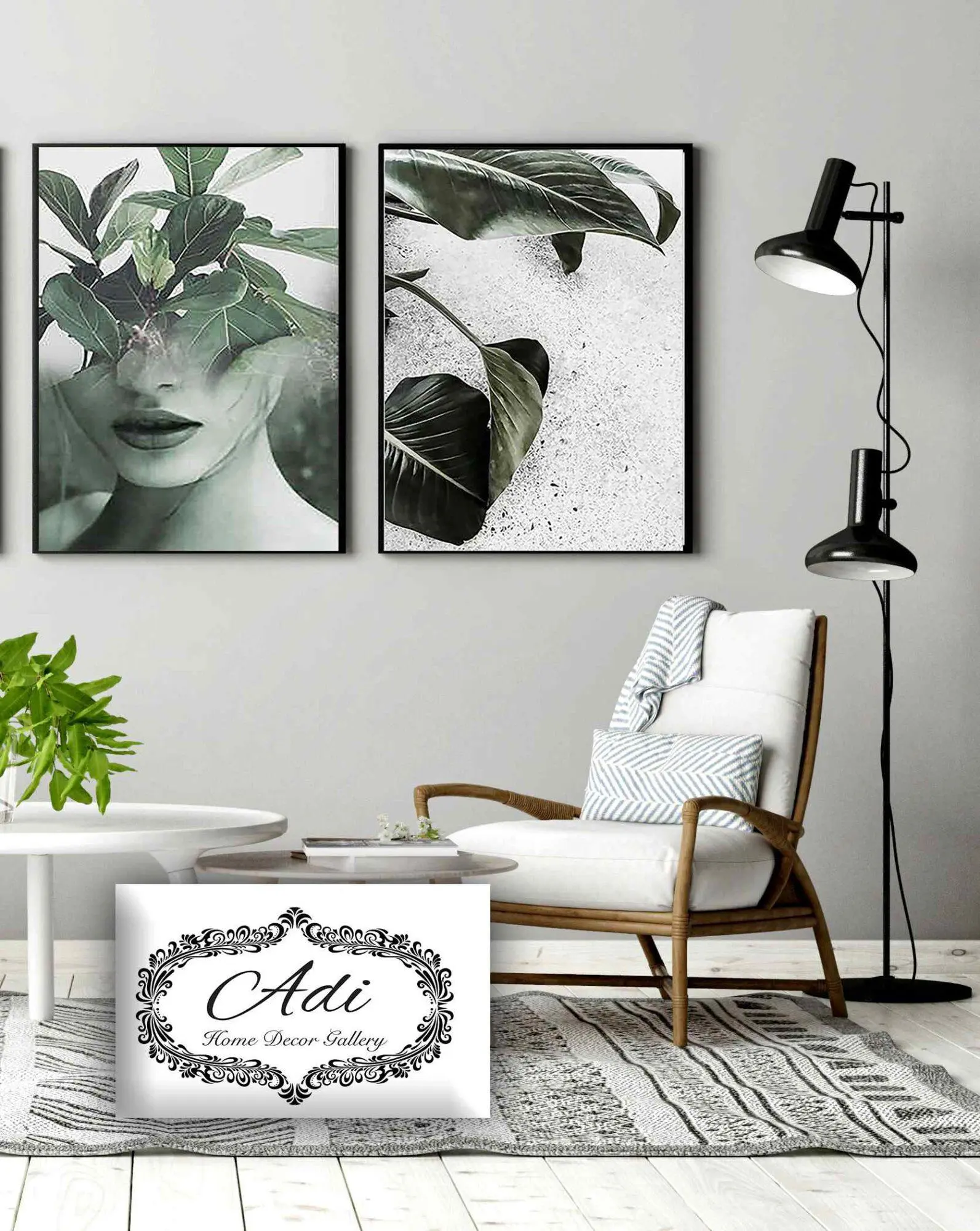 זוג תמונות של אישה ועלים בסגנון פופ ארט