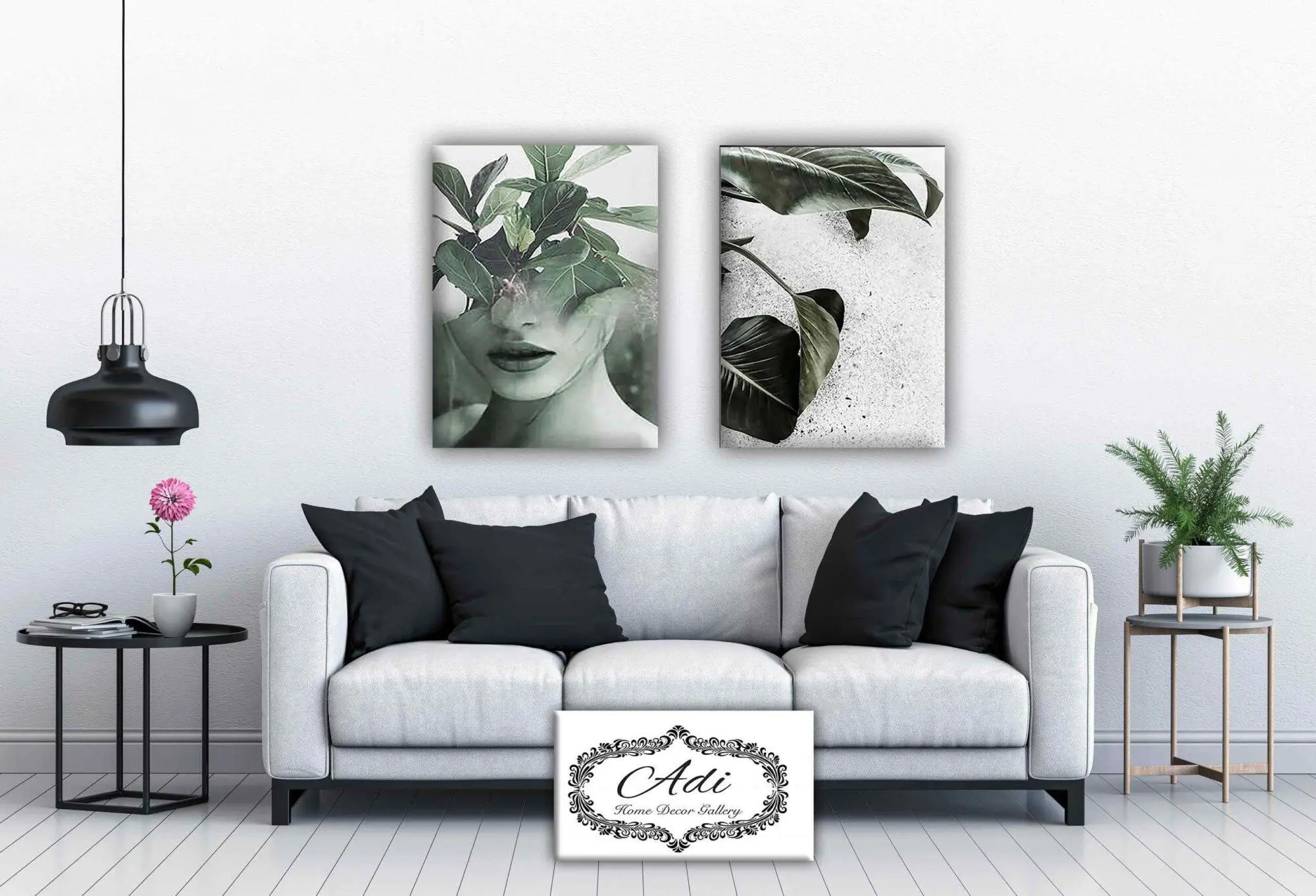 זוג תמונות של אישה ועלים בסגנון פופ ארט