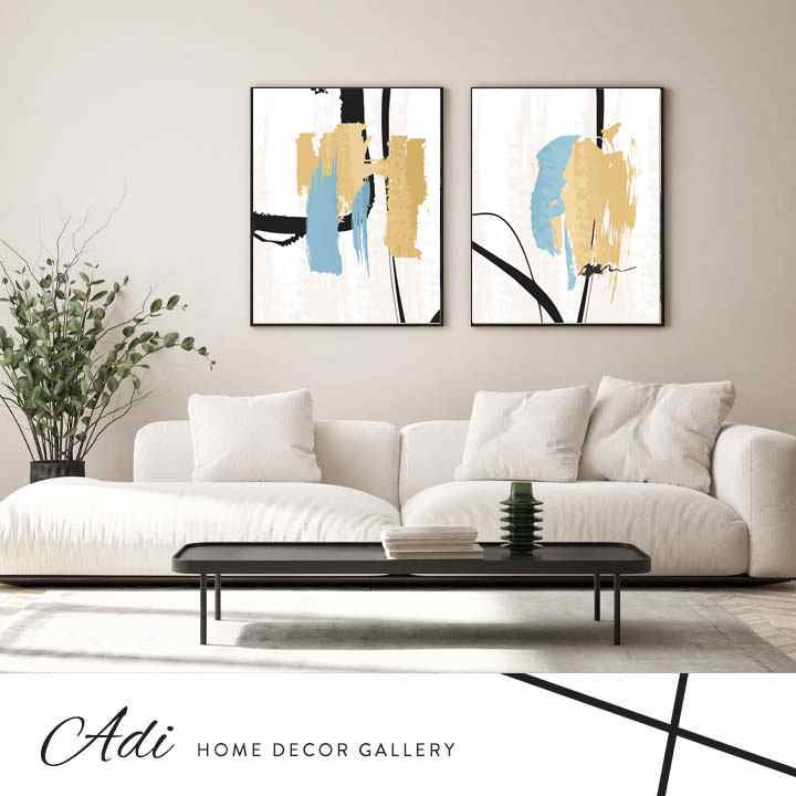 זוג תמונות אבסטרקט תכלת טורכיז וזהב חרדל