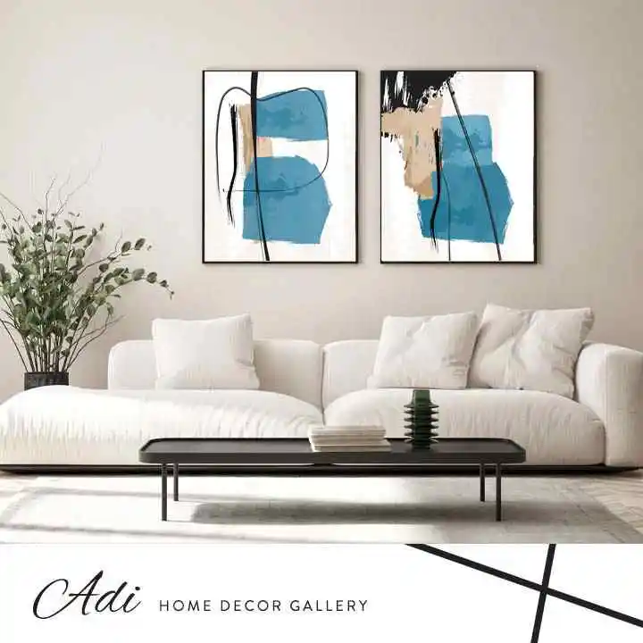 זוג תמונות קנבס אבסטרקט זהב חרדל וטורכיז