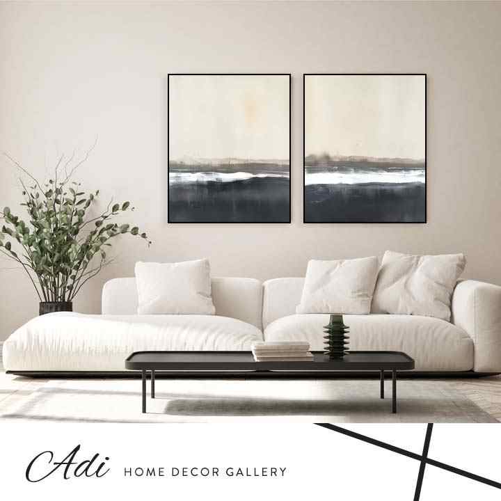 זוג תמונות אבסטרקט בגוונים שמנת אפור שחור