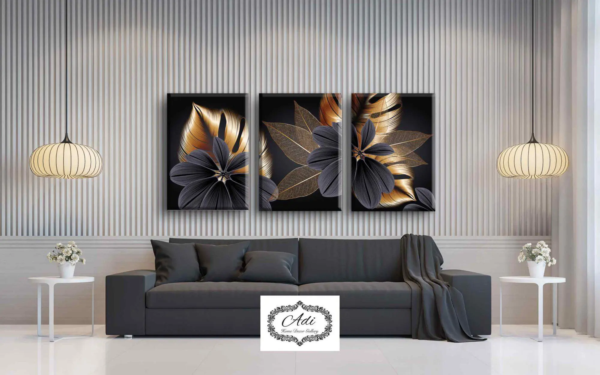 שלישית תמונות עלים בצבע זהב ושחור דרמטי