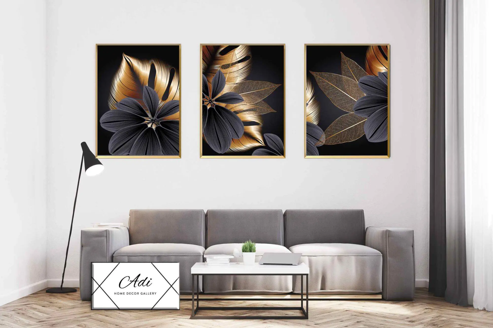 שלישית תמונות פרחים בצבע זהב ושחור מסגרת זהב