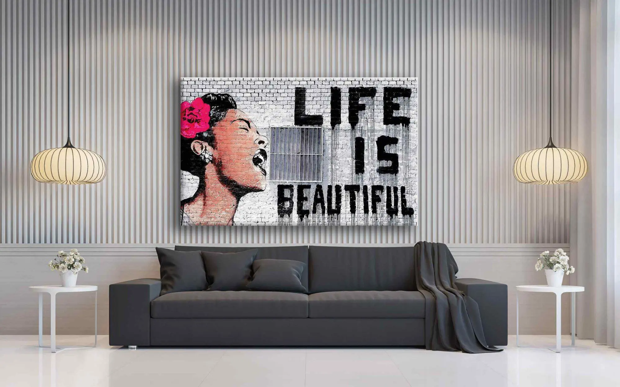 life is beautiful- תמונה של קיר בריקים וכתובת גרפיטי