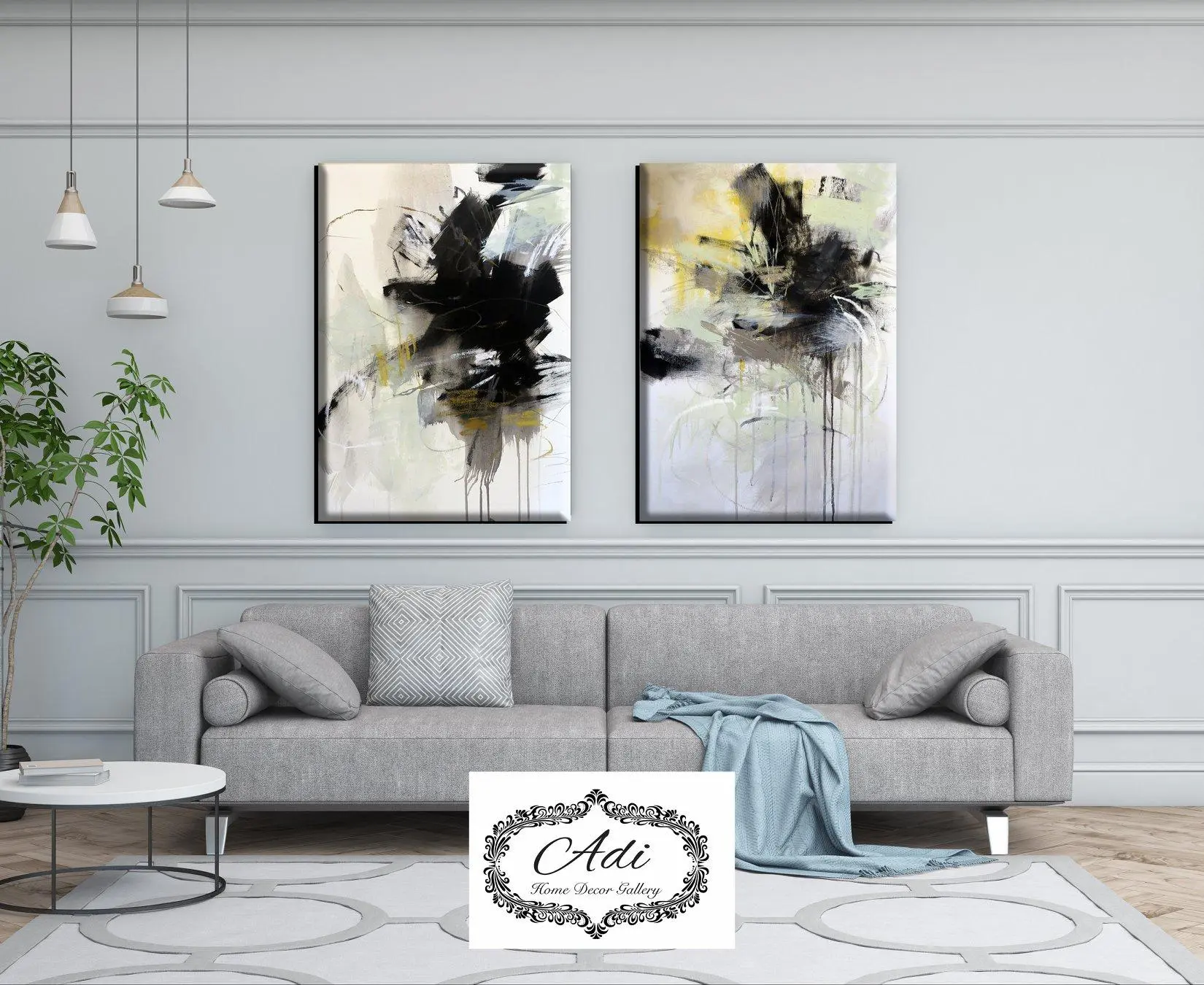 זוג תמונות אומנות רקע בהיר גוונים של שחור צהוב חרדל