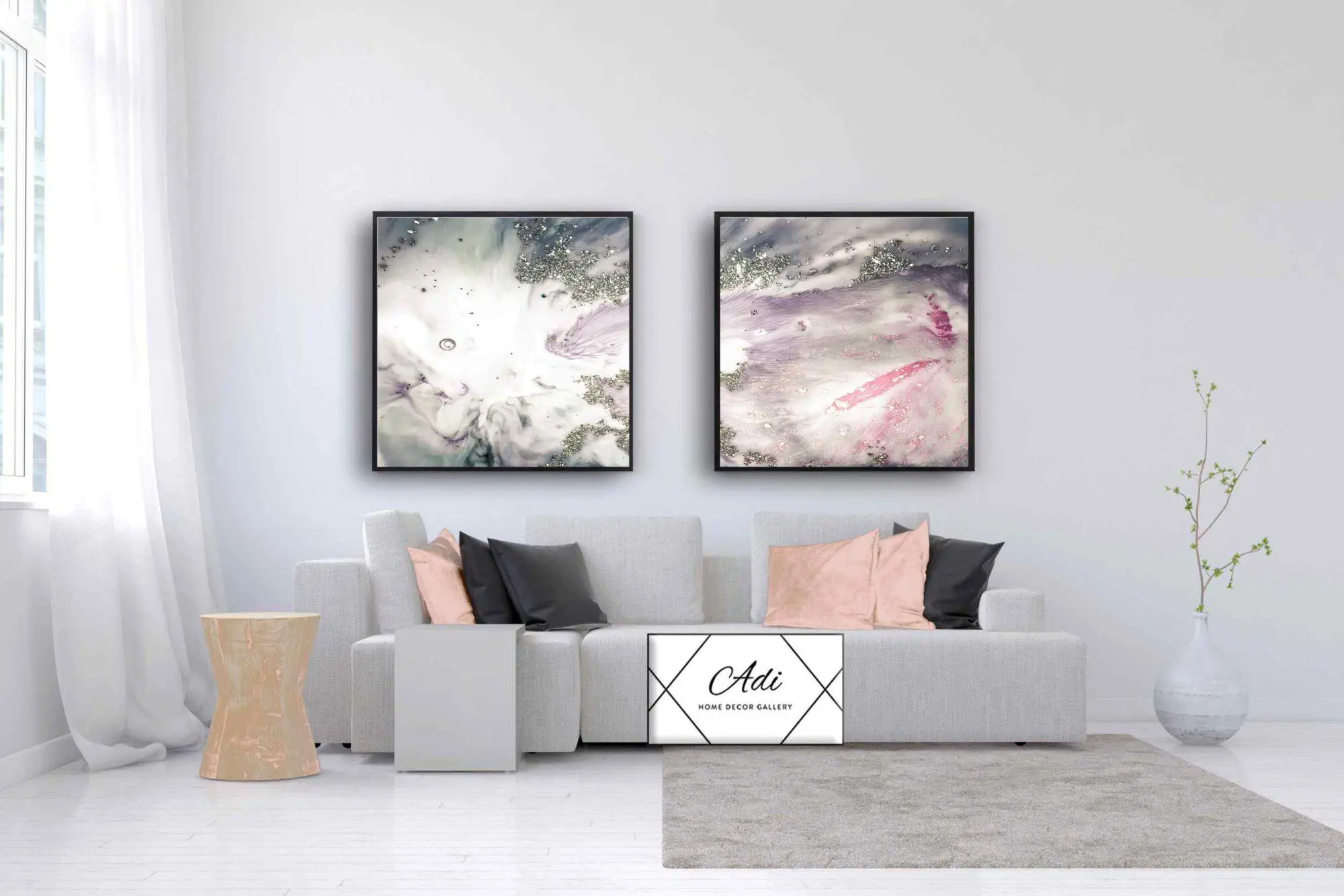 זוג תמונות אבסטרקט נפלאות בצבע ורוד וכסוף