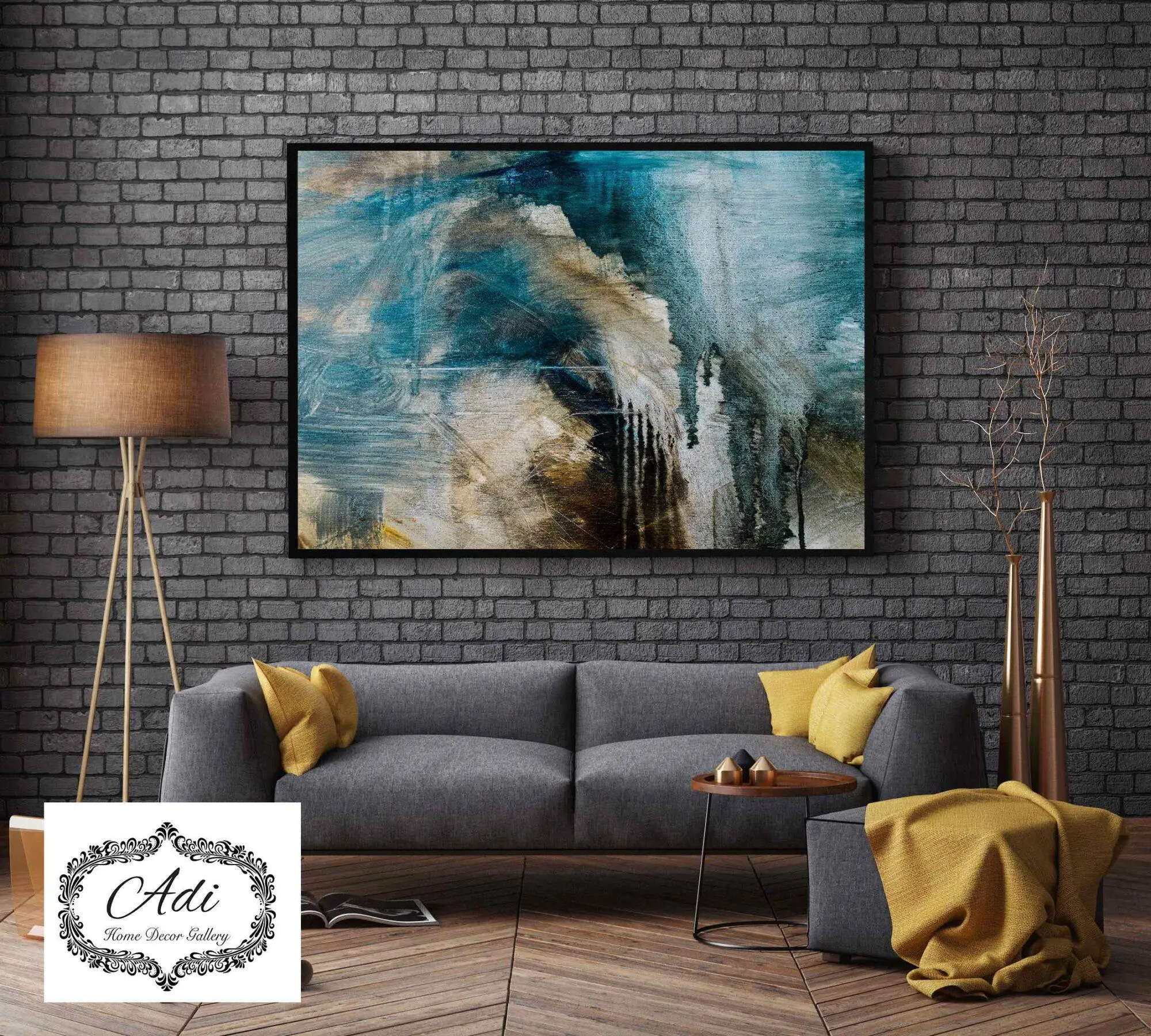 תמונה אבסטרקט גווני טורכיז חום אפור מריחות צבע