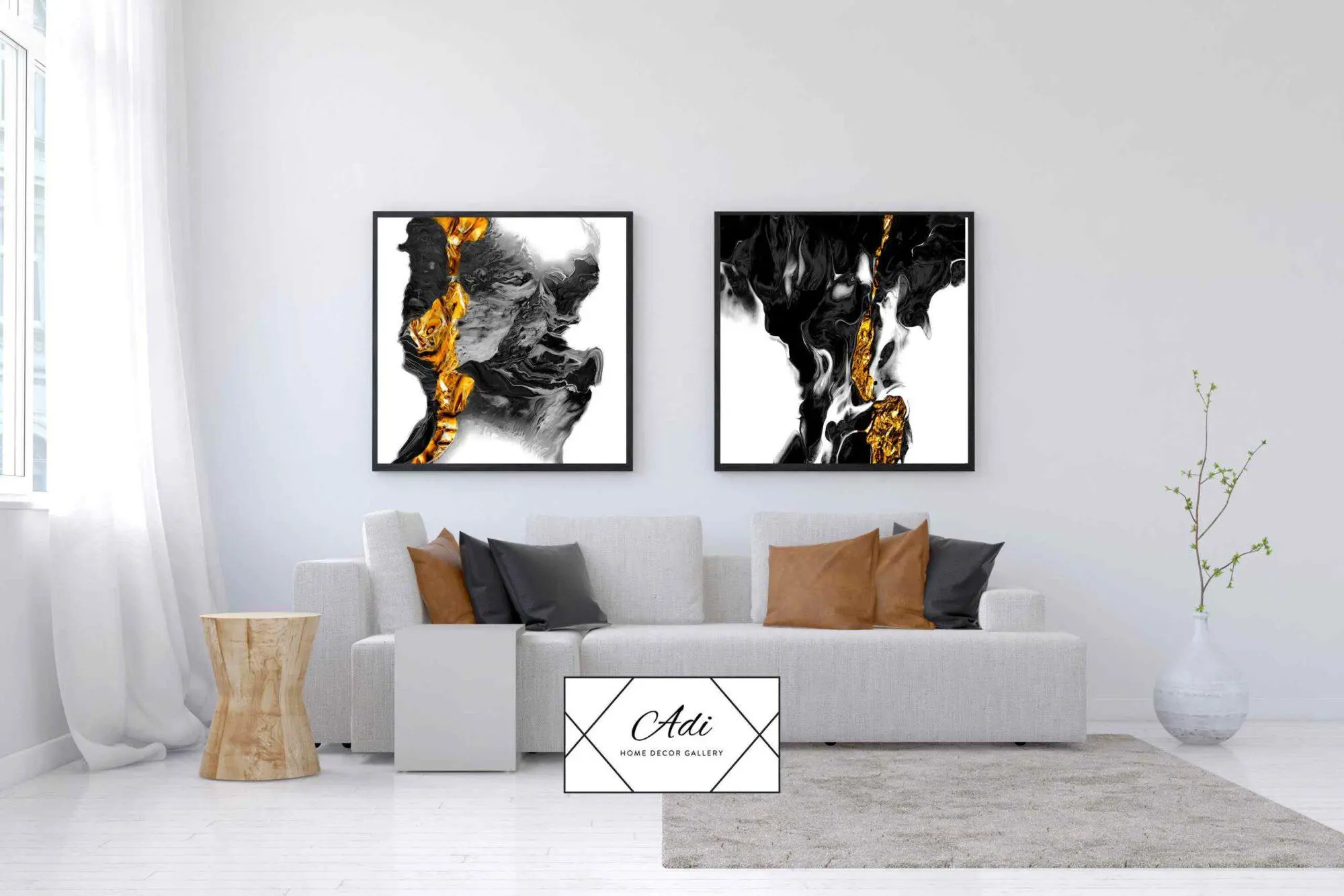 זוג תמונות של אבסטרקט בצבע זהב שחור לבן