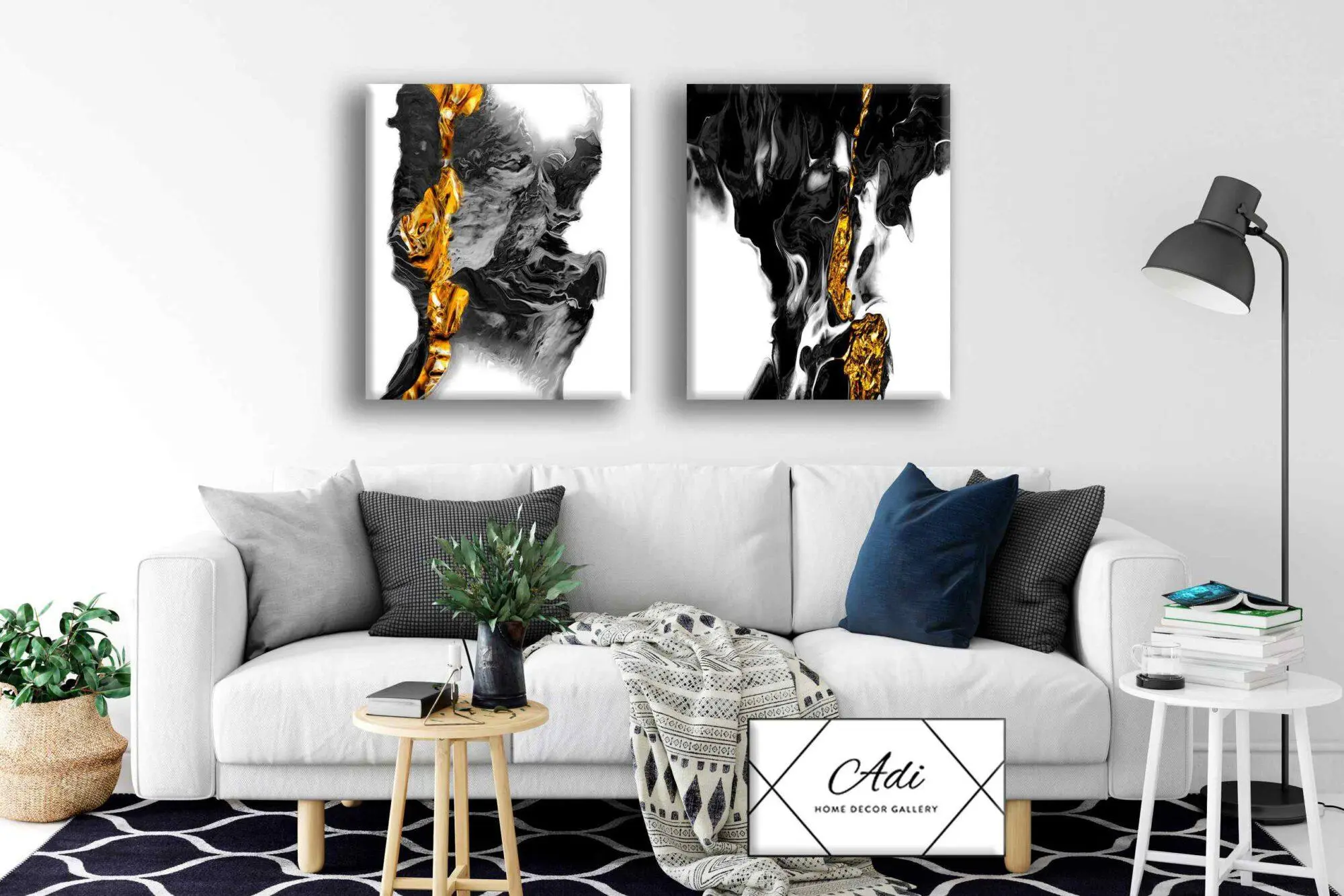 זוג תמונות של אבסטרקט בצבע זהב שחור לבן