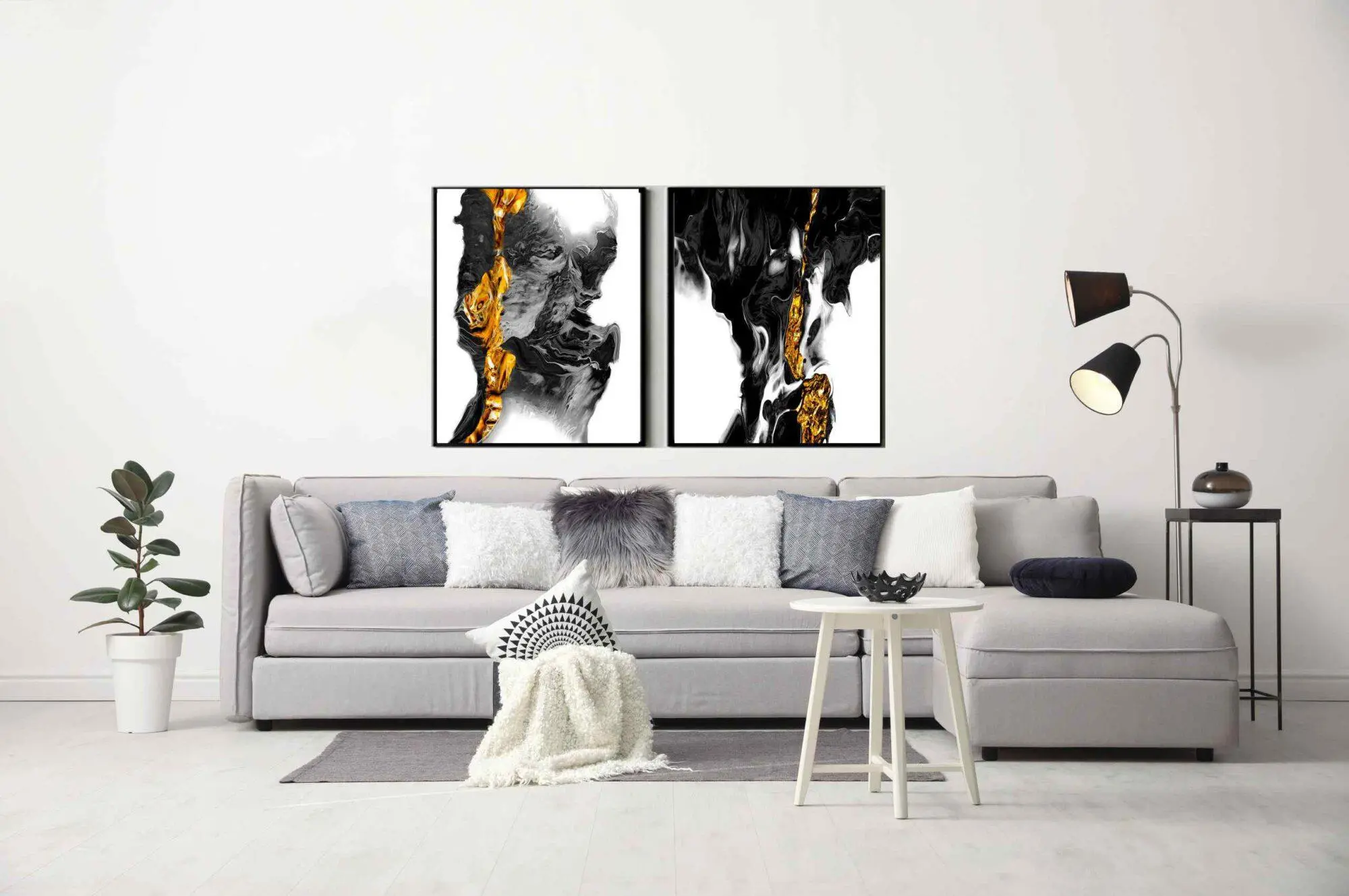 זוג תמונות של אבסטרקט שחור לבן זהב