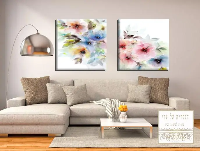 זוג תמונות פרחים צבעי מים צבעוני פסטל