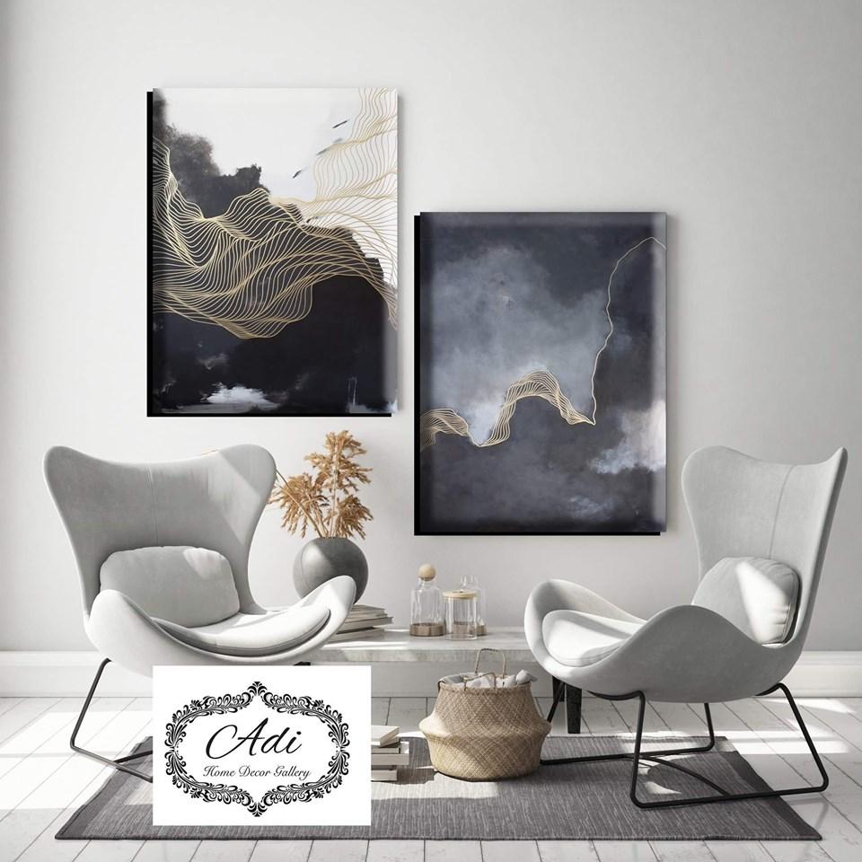 זוג תמונות אבסטרקט מרשימות זהב שחור אפור