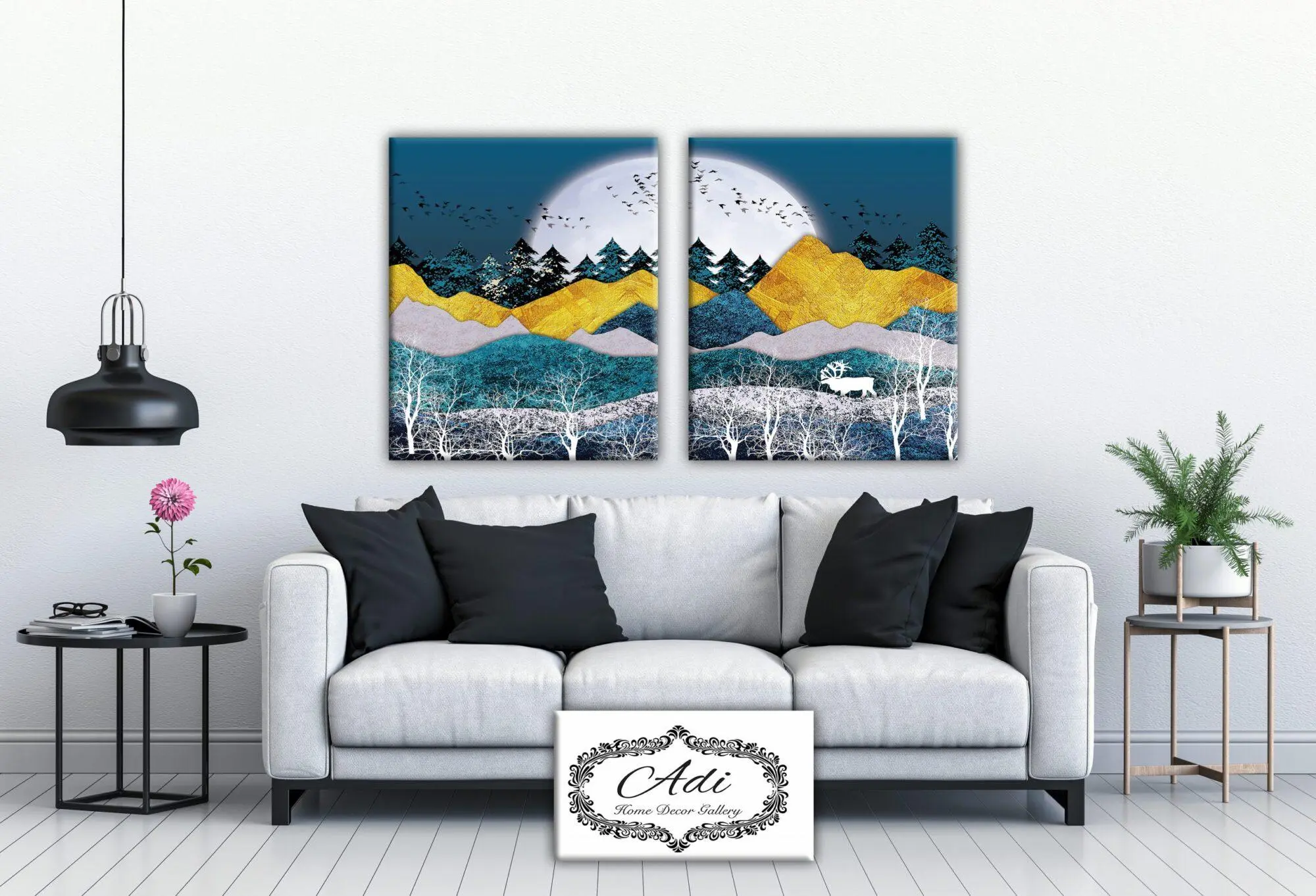 תמונה של נוף עם חיות מחולקת לשתיים