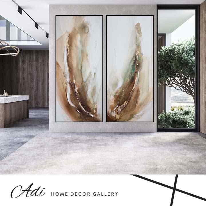 זוג תמונות קנבס מעוצבות בגוונים חמים חום לבן