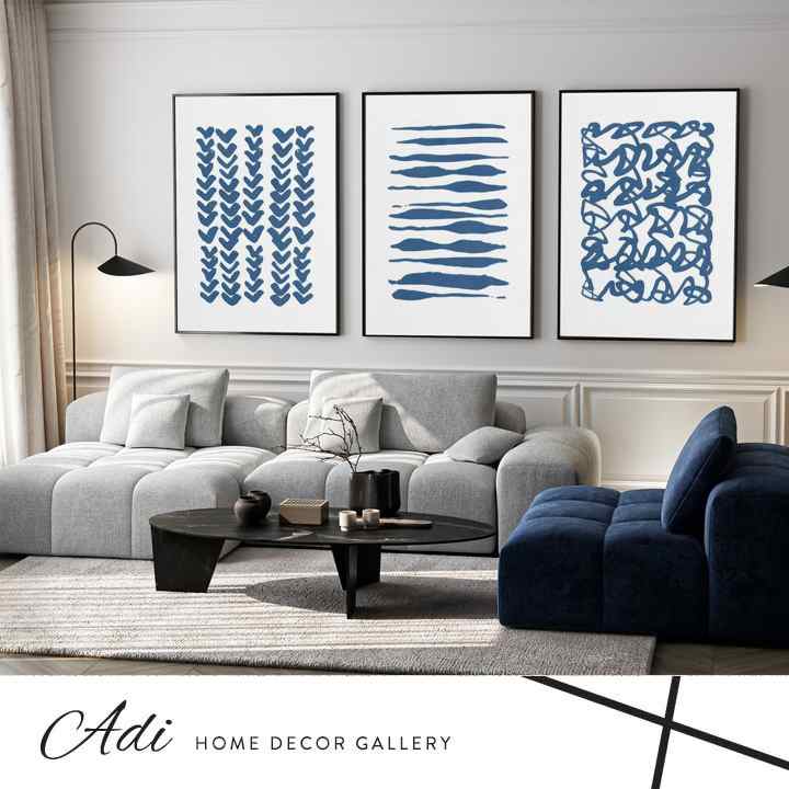 שלישיה של תמונות אבסטרקט רקע לבן סימונים בכחול