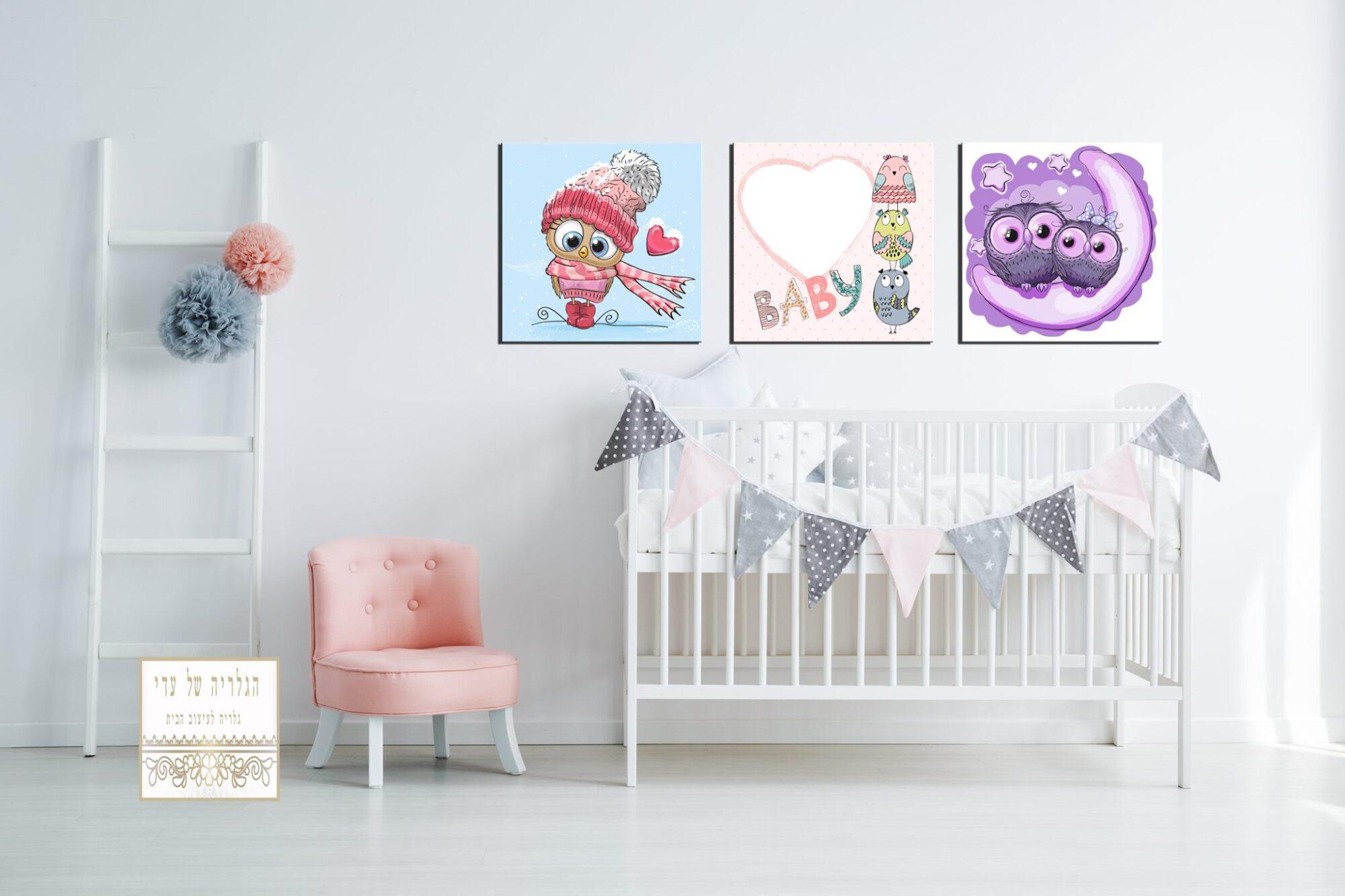 שלישיית תמונות ילדים ציפורים צבעוני תינוק ורוד