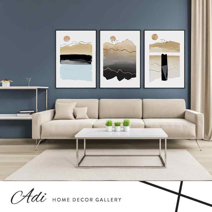 שלישיית תמונות קנבס אבסטרקט תכלת חום שחור