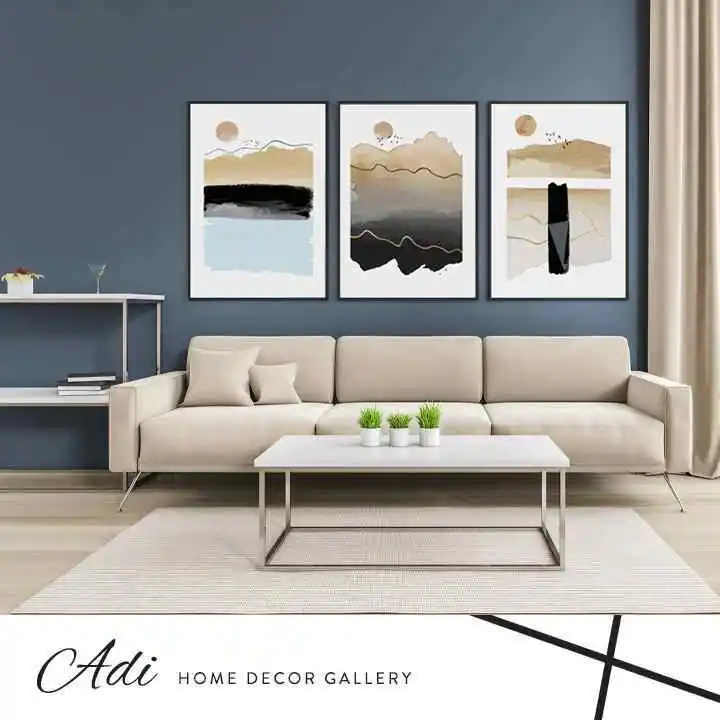 שלישיית תמונות קנבס אבסטרקט תכלת חום שחור