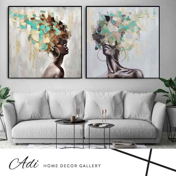 זוג תמונות נשים קנבס טורכיז וחרדל