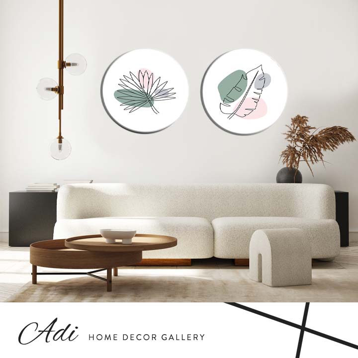 זוג תמונות עגולות עלים נורדי ורוד ירוק