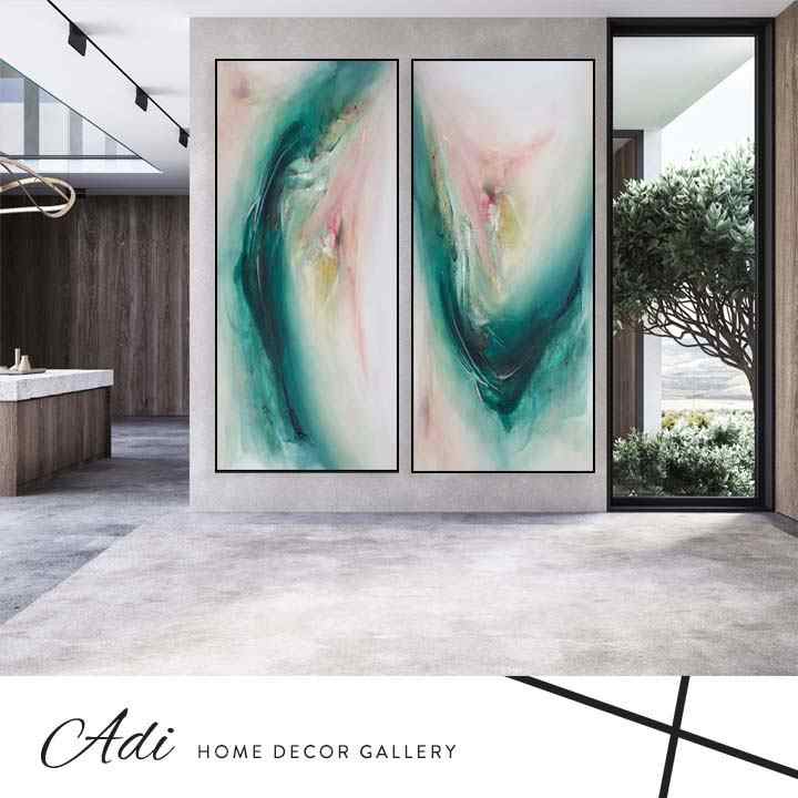 זוג תמונות אבסטרקט מעוצבות בגוונים של ירוק טורכיז וורוד