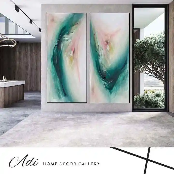 זוג תמונות אבסטרקט מעוצבות בגוונים של ירוק טורכיז וורוד