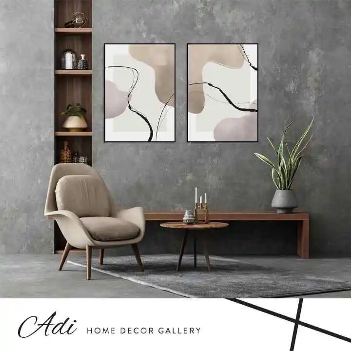 זוג תמונות אבסטרקט לסלון קווים שחורים צבעים רכים חום שמנת