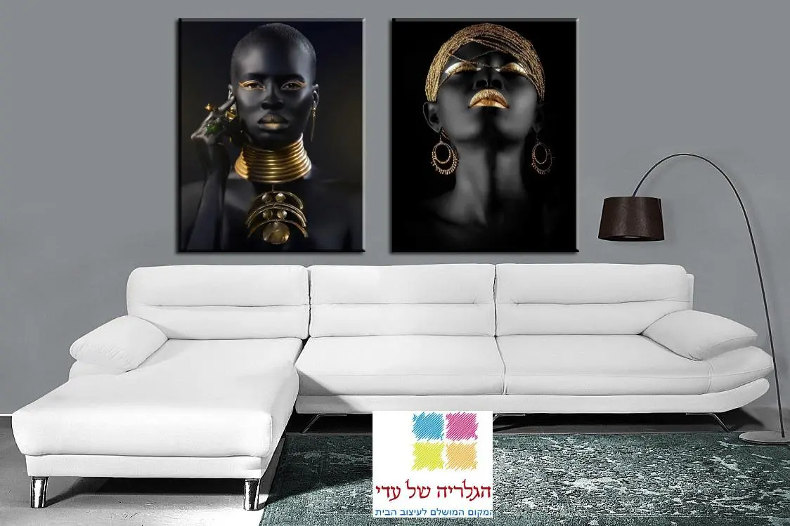 זוג תמונות של נשים אפריקאיות שחור זהב עגיל שרשרת