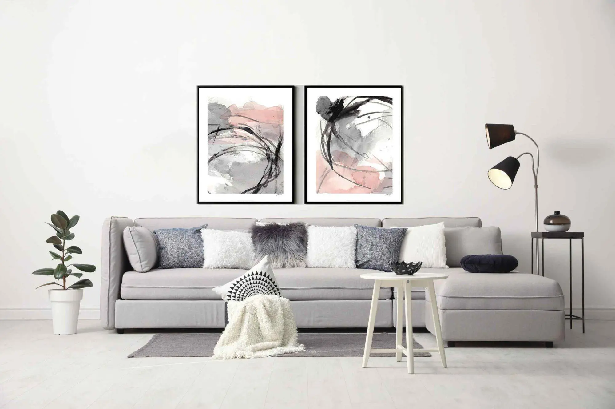 זוג תמונות אבסטרקט בצבע ורוד ושחור