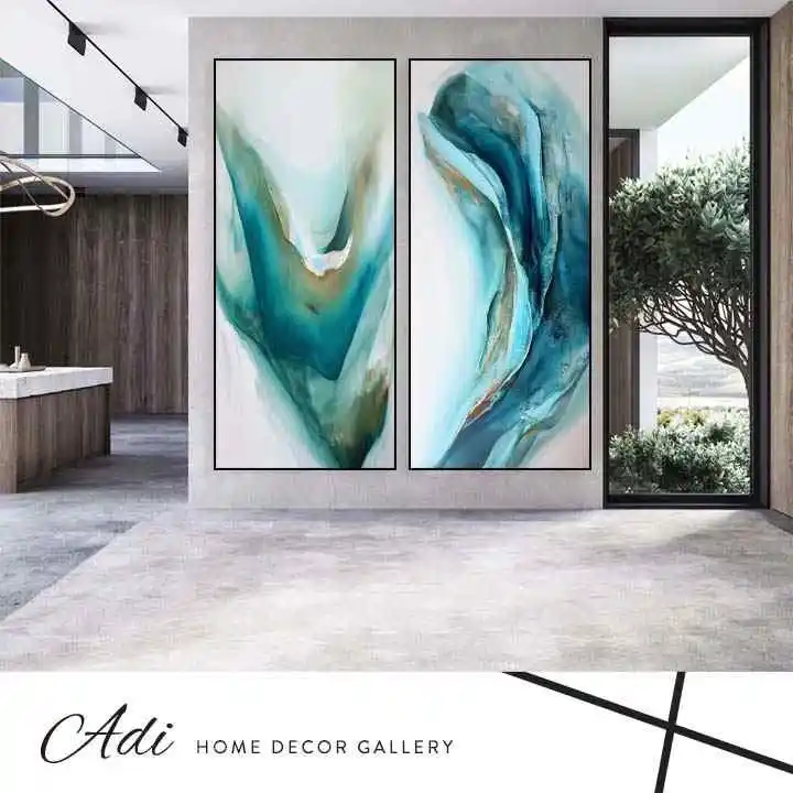 זוג תמונות קנבס אבסטרקט אומנותיות גווני טורכיז רקע בהיר לבן