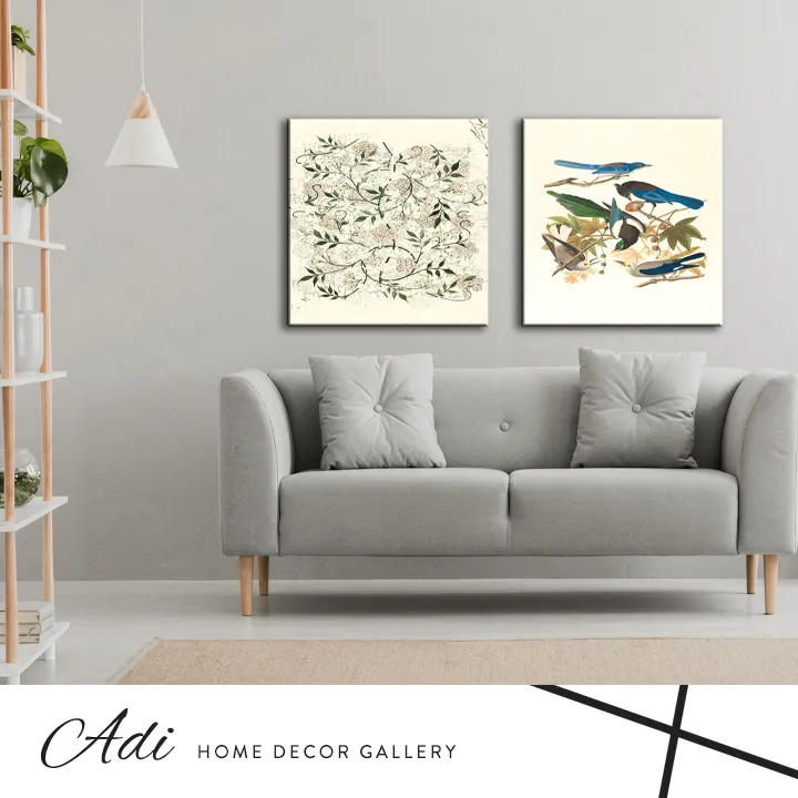 זוג תמונות של ציפורים ואבסטרקט בגוונים בהירים