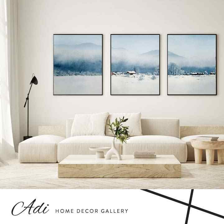 שלישיית תמונות קנבס בגווני כחול תכלת בהיר