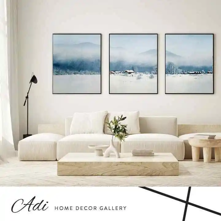 שלישיית תמונות קנבס בגווני כחול תכלת בהיר