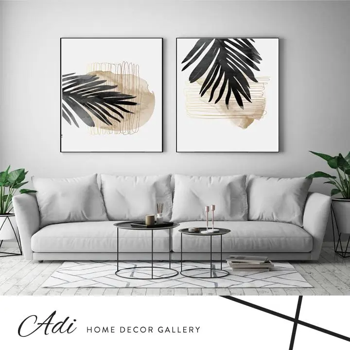 זוג תמונות אבסטרקט עלים שחורים וגוונים של זהב וחום