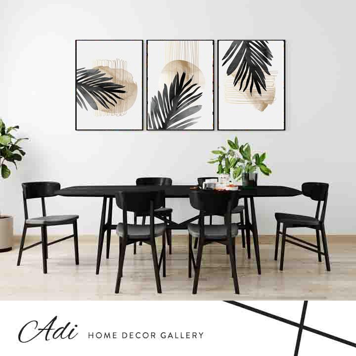 שלישיית תמונות יוקרתיותץ עם עלים שחורים גווני זהב וחום