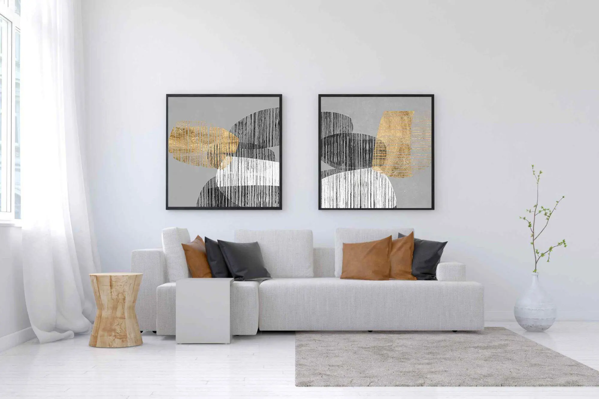 זוג תמונות של אבסטרקט בצבע זהב שחור לבן אפור מסגרת שחורה