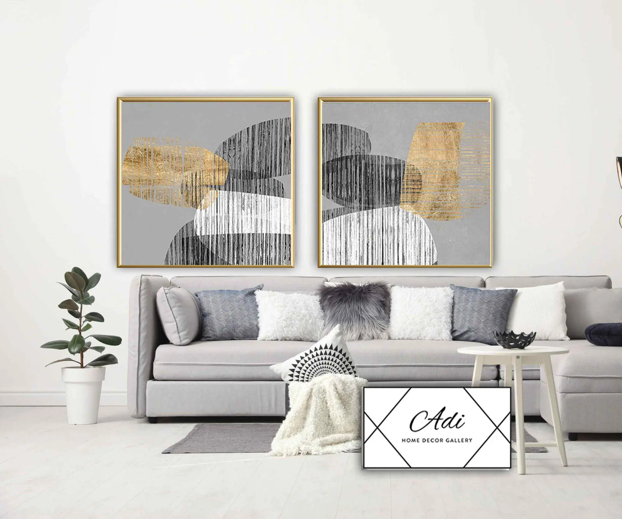 זוג תמונות של אבסטרקט בצבע זהב שחור לבן אפור מסגרת זהב