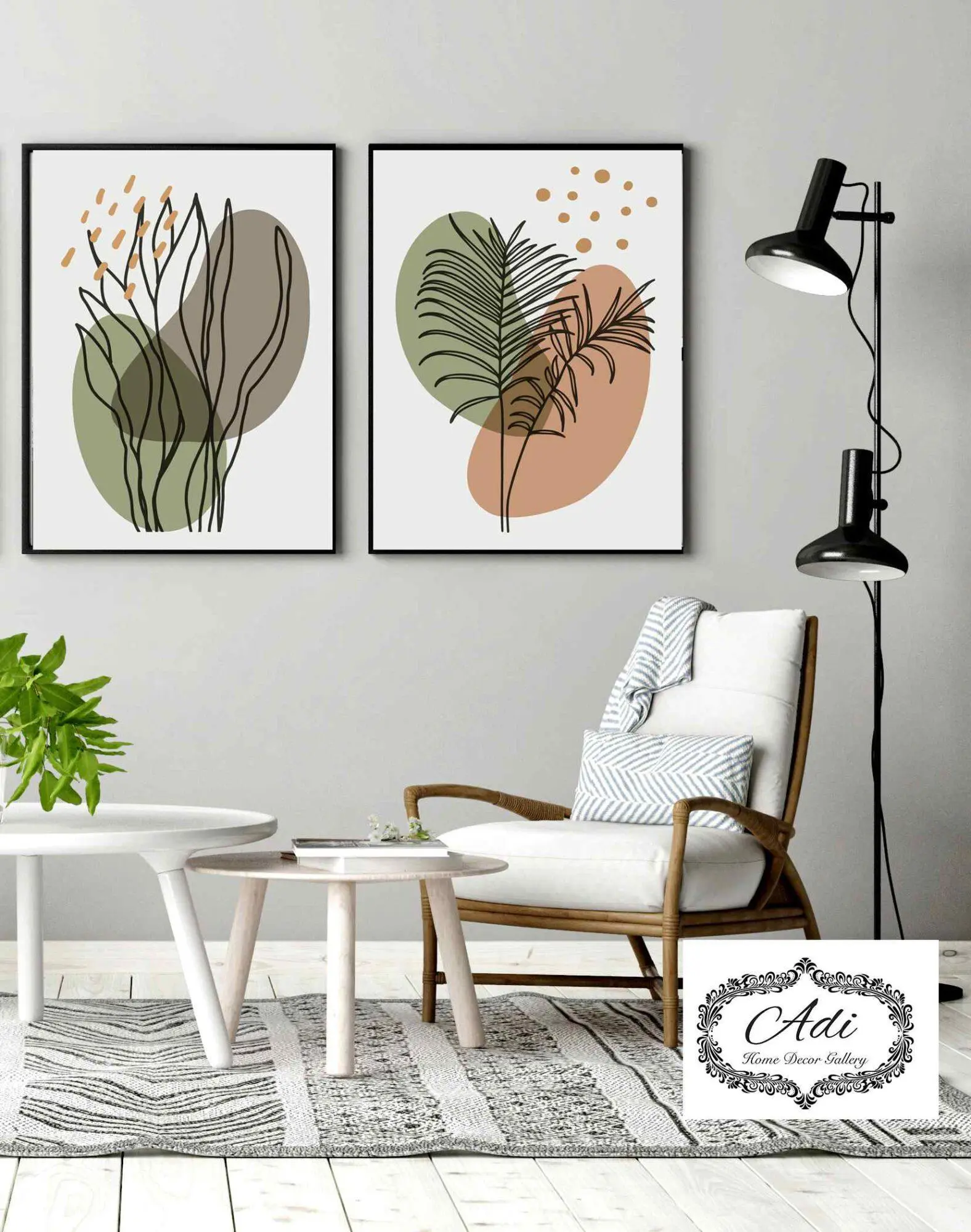 זוג תמונות נורדיות של עלים ואומנות קו