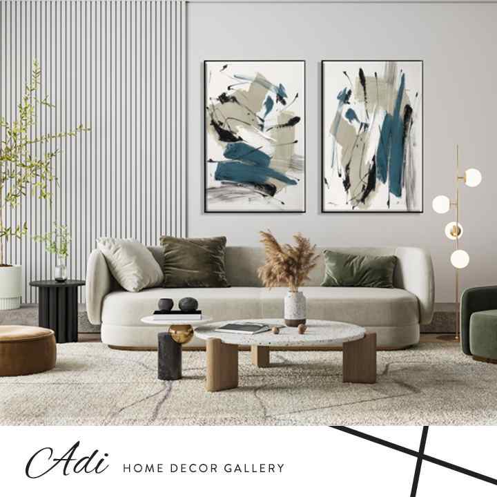זוג תמונות אבסטרקט בגוונים אפור לבן וטורכיז