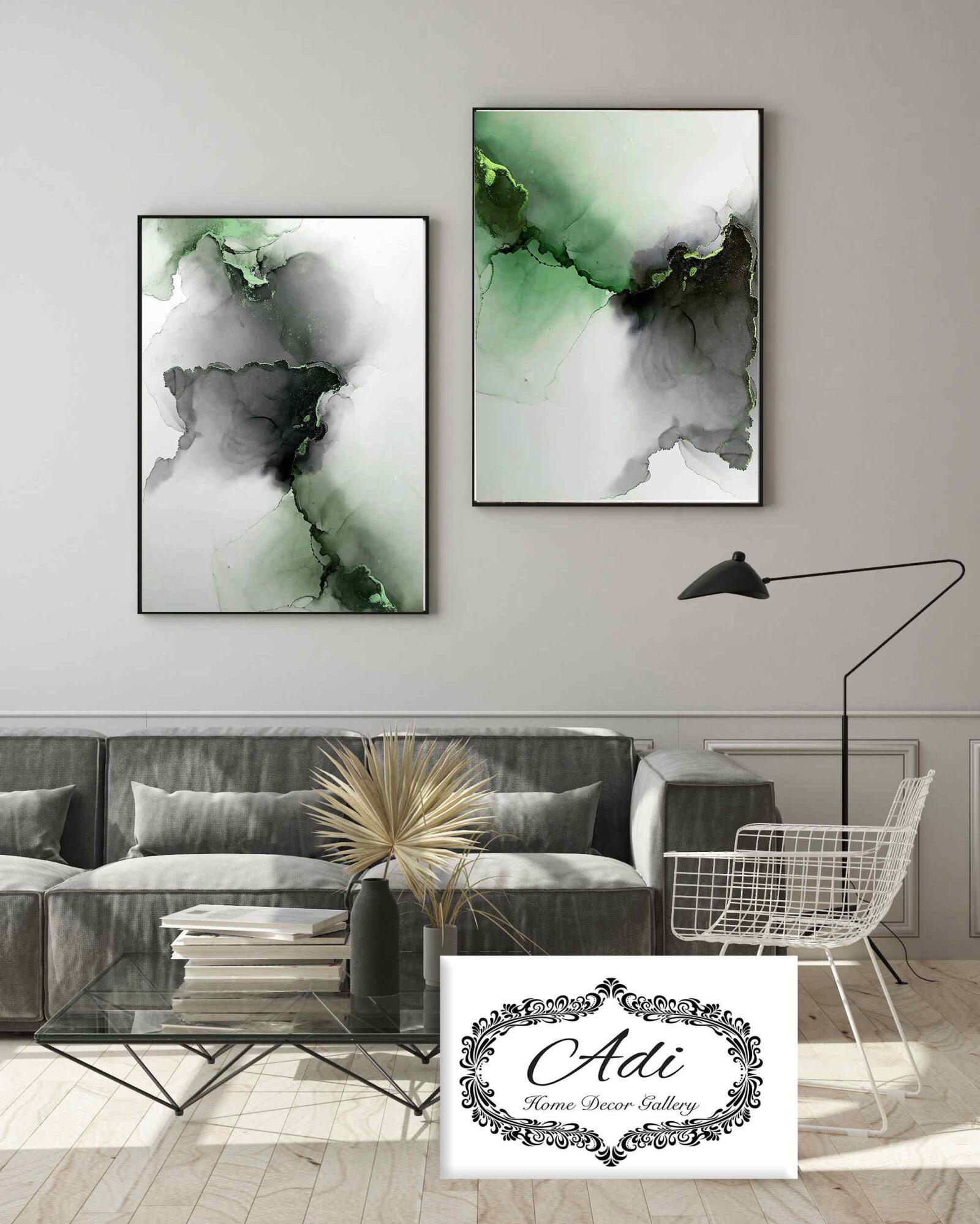 זוג תמונות של אבסטרקט בצבע שחור וירוק