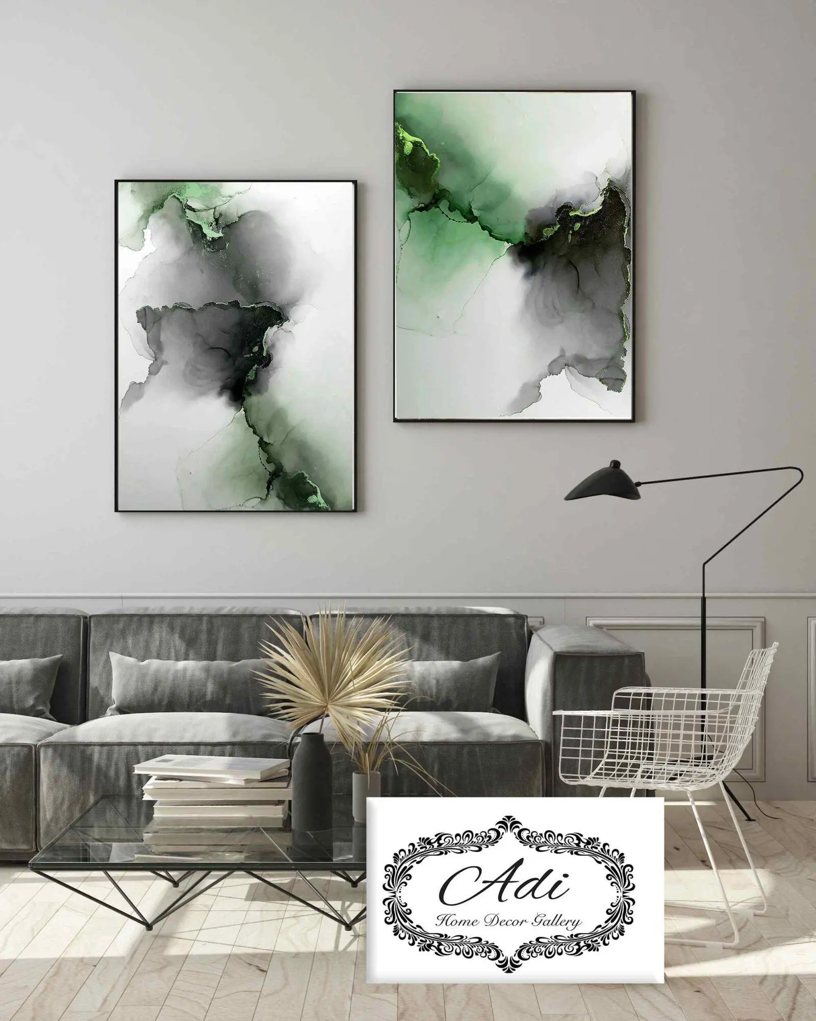 זוג תמונות של אבסטרקט בצבע שחור וירוק