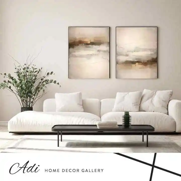 זוג תמונות אבסטרקט בגווני חום שמנת