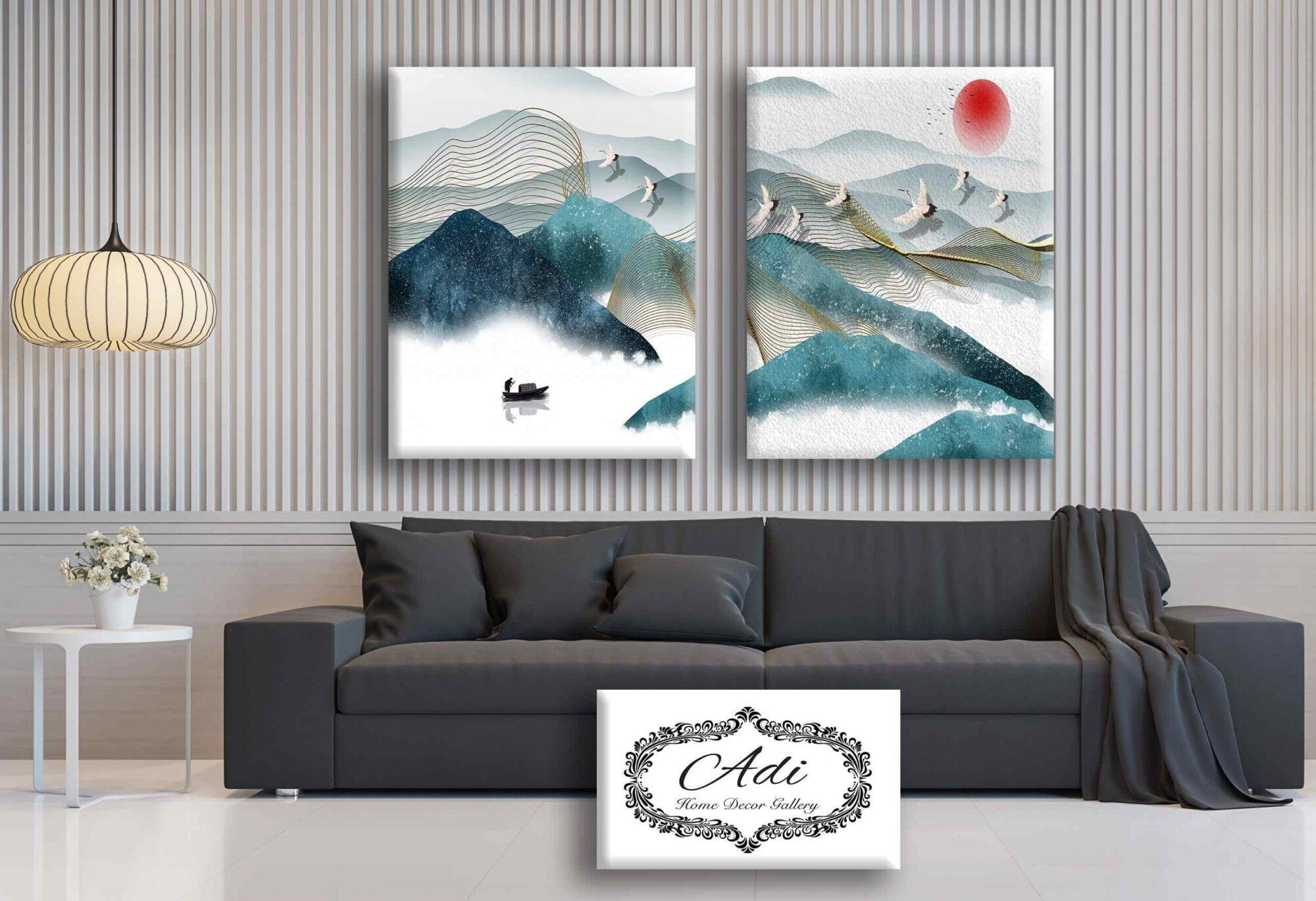 זוג תמונות הרים נוף אומנות טורכיז כחול זהב צהוב ציפורים