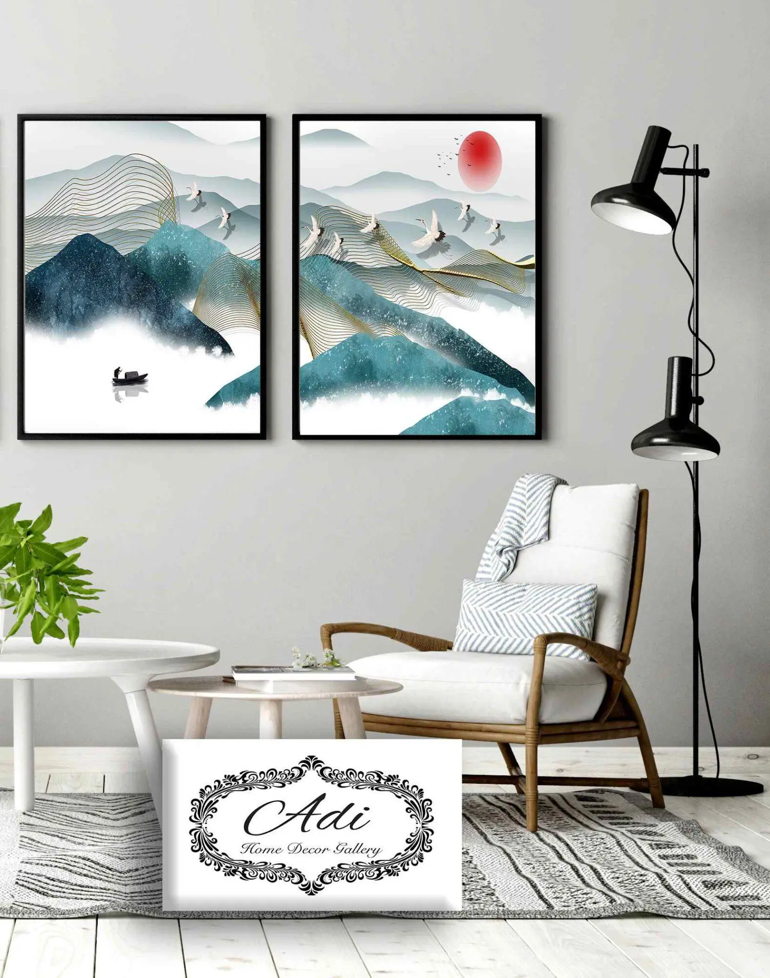 זוג תמונות הרים נוף אומנות טורכיז כחול זהב צהוב ציפורים